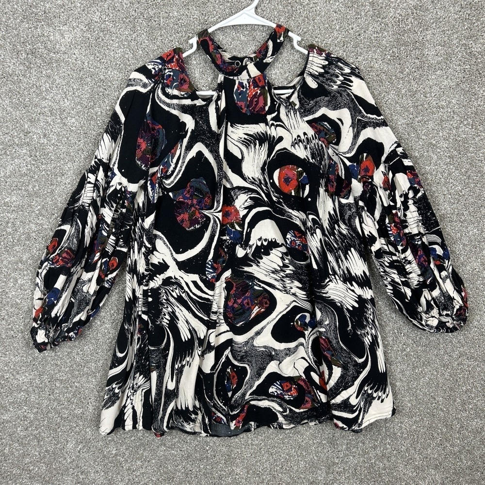 Free‎ People Womens Cold Shoulder Tunic Top Abstract Floral Black Red Small - Picture 3 of 10